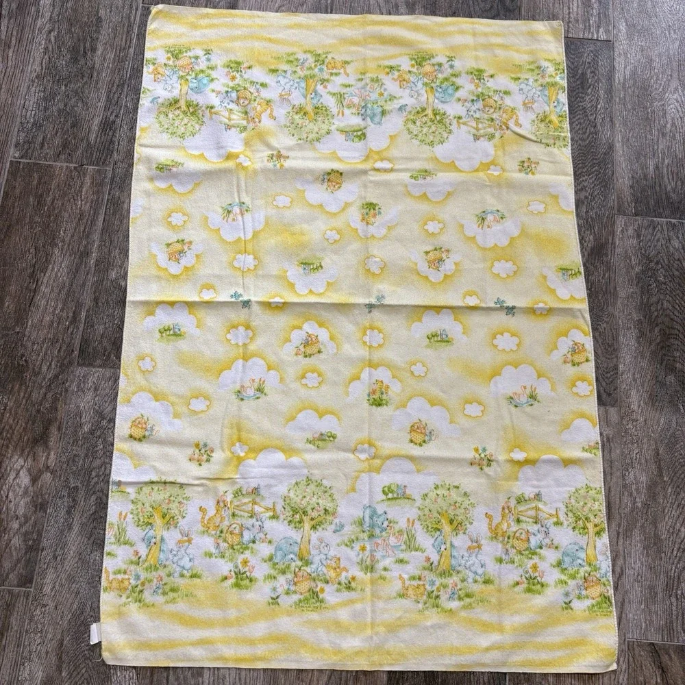Vtg Dundee 1980s Country Yellow Bear Bunny Cat Baby Receiving Blanket 26x38